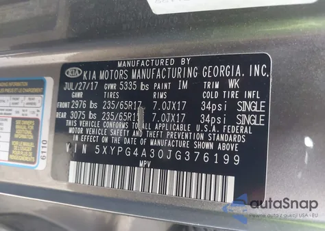 2018 Kia Sorento 2.4L Lx z USA, uszkodzony, nr VIN 5XYPG4A30JG376199